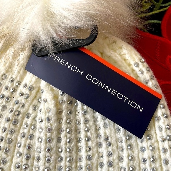 Brand New French Connection Pom Beanie Cable Knit Hat Light Cream Silver Studded main image 7
